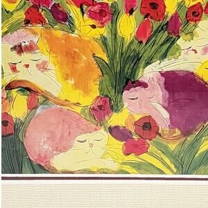 Original Watercolor Cat Art Framed 8.5” Sleeping Cats Garden Flowers